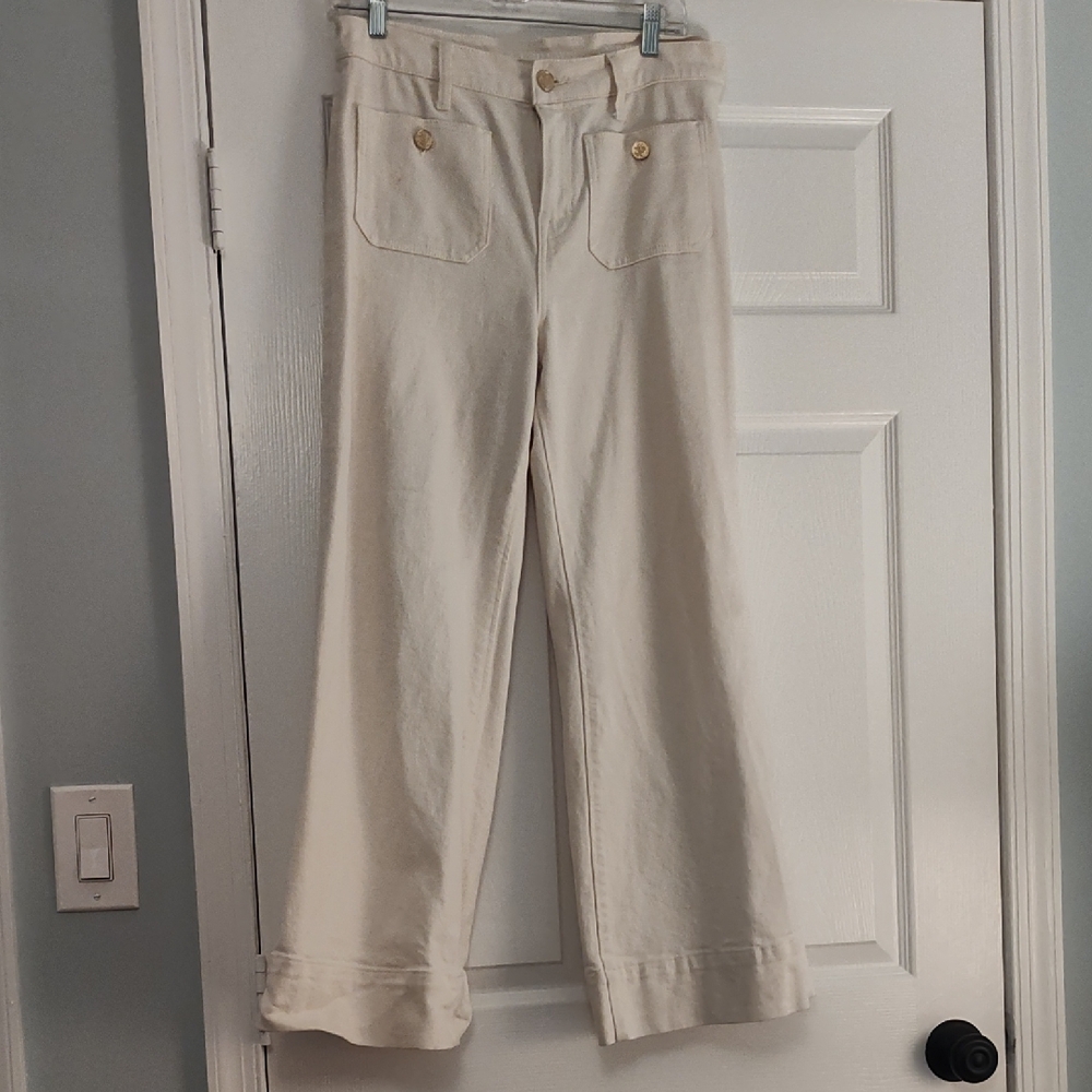 Cream Wide-Leg Jeas with Gold Buttons
